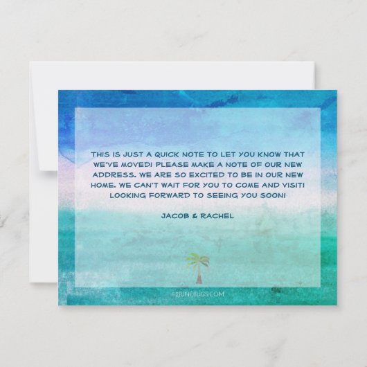 Faire-part Plage tropicale Palm Tree Blue Green Moving (Dos)