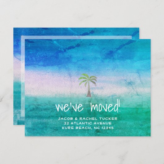 Faire-part Plage tropicale Palm Tree Blue Green Moving (Devant / Derrière)