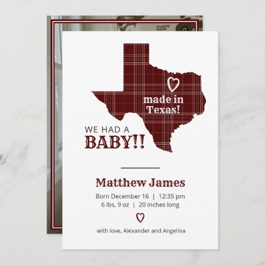 Faire-part Plaid Maroon Fabriqué Au Texas Photo Verticale (Devant / Derrière)