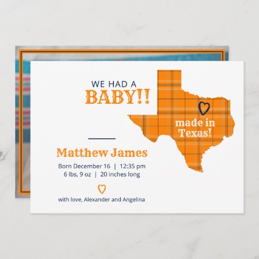 Faire-part Plaid Orange Fabriqué Au Texas Photo Horizontale (Devant / Derrière)