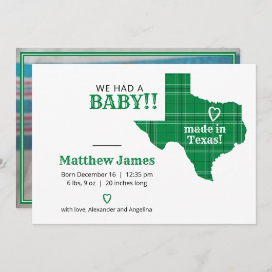 Faire-part Plaid Vert Fabriqué Au Texas Photo Horizontale (Devant / Derrière)
