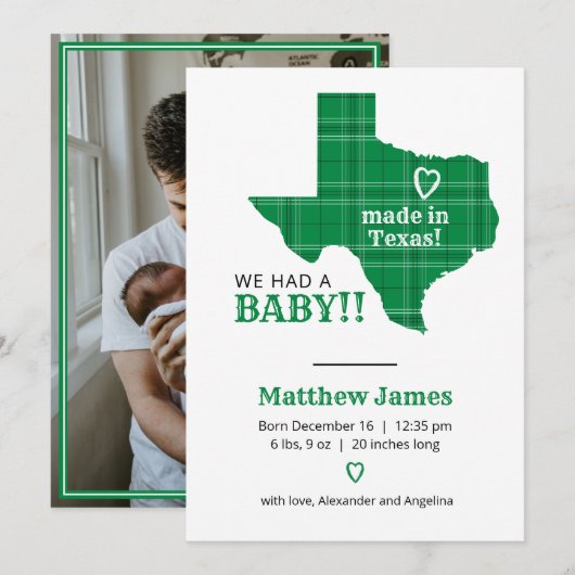 Faire-part Plaid Vert Fabriqué Au Texas Photo Verte (Devant / Derrière)