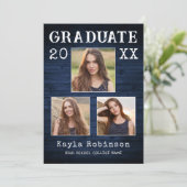 Faire-part Planche en bois bleu rustique de campagne 3 photos (Debout devant)