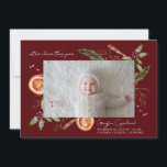 Faire-part Plus Cheer Red Holiday bébé photo naissance<br><div class="desc">Carte de faire-part de naissance de vacances rustique et moderne avec 2 photos de votre nouveau-né avec l'aquarelle illustration des plantes hivernales y compris le mistletoe,  branche de pin,  baies,  orange,  etc. L'arrière - plan est rouge merlot.</div>
