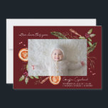 Faire-part Plus Cheer Red Holiday bébé photo naissance<br><div class="desc">Carte de faire-part de naissance de vacances rustique et moderne avec 2 photos de votre nouveau-né avec l'aquarelle illustration des plantes hivernales y compris le mistletoe,  branche de pin,  baies,  orange,  etc. L'arrière - plan est rouge merlot.</div>