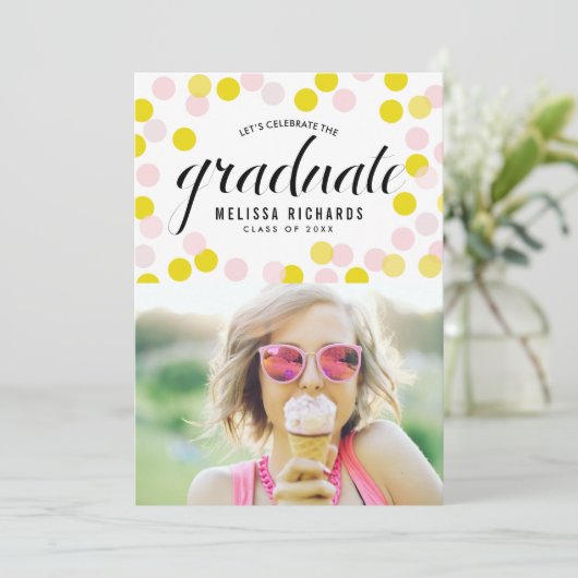 Faire-part Points Confetti rose et jaune - Diplôme photo (Debout devant)