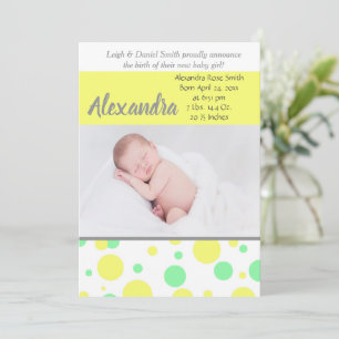 Faire-part Pois verts et jaunes   Naissance d'une photo neutr