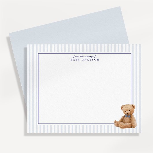 Faire-part Preppy Blue Striped Teddy Bear Nursery note card