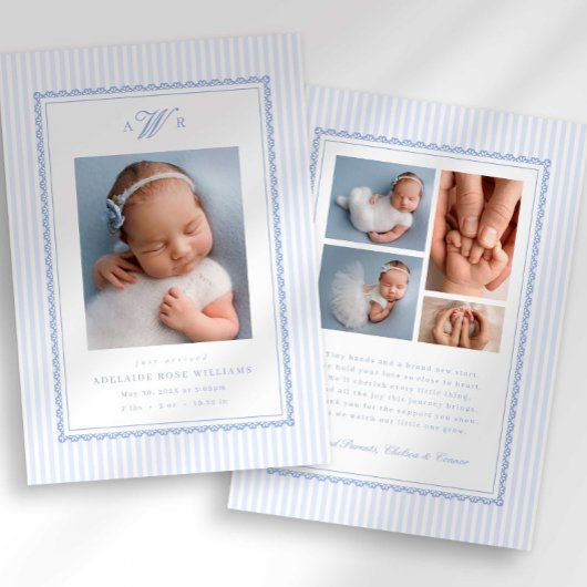Faire-part Preppy Stripe Monogram Photo Birth Announcement