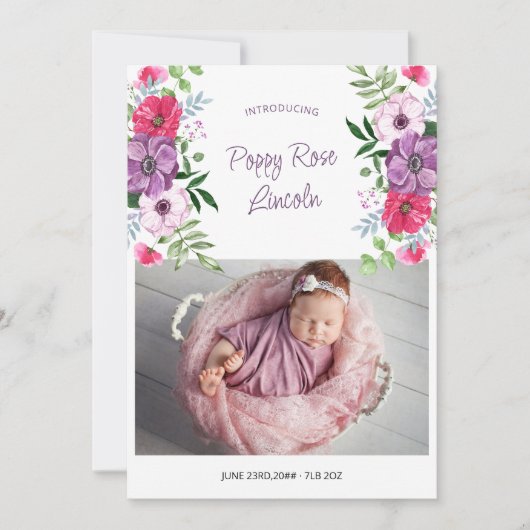 Faire-part Présentation de 2 Fleurs rose violet photo Naissan (Devant)