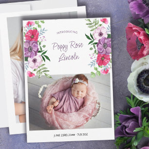 Faire-part Présentation de 2 Fleurs Violettes Roses Photo Nai