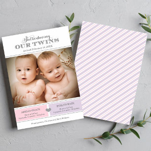 Faire-part Présentation de nos filles jumelles rose violet ph