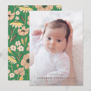 Faire-part Présentation de photo florale verte de nouveau-né