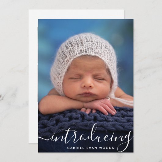 Faire-part Présentation de White Script Photo Overlay bébé na (Devant / Derrière)