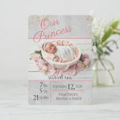 Faire-part Princess Pink l Grey Baby Girl Photo de naissance (Debout devant)