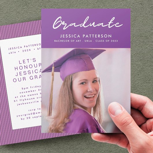 Faire-part Purple écriture manuscrite Diplômé Editable Gradua