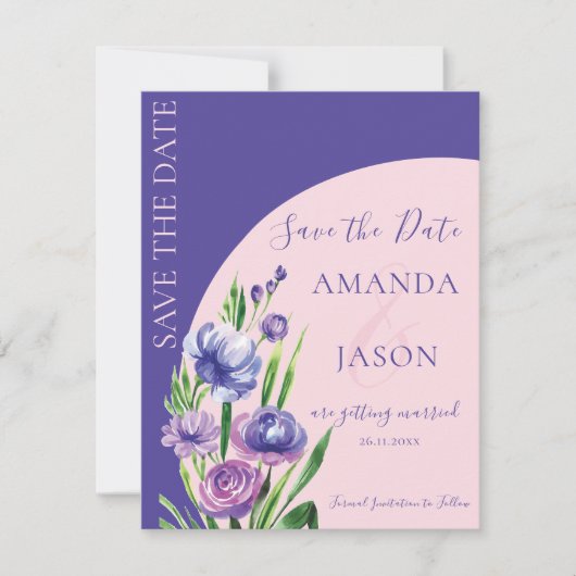 Faire-part Purple Floral Blush Élégant mariage Enregistrer la (Devant)