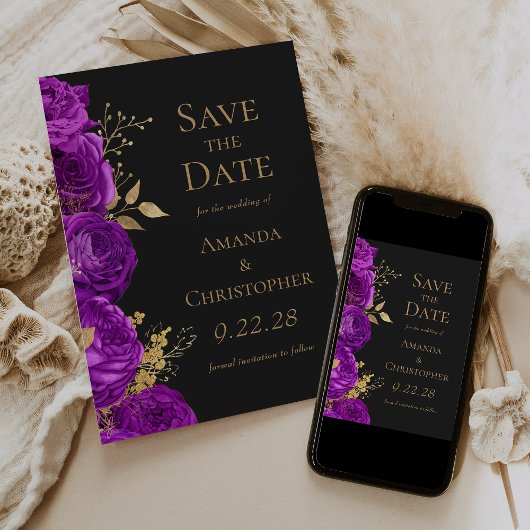 Faire-part Purple Gold Dark Floral Enregistrer la date