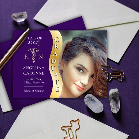 Faire-part Purple Gold Graduate Vague Caduceus RN Nurse Grad