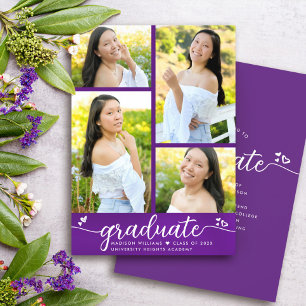 Faire-part Purple Graduation 4 Photo Modern Script Hearts