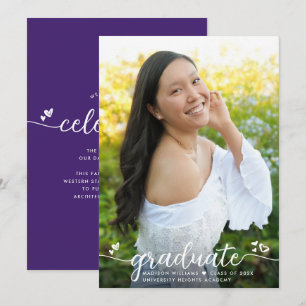 Faire-part Purple Graduation Photo Calligraphie moderne Coeur
