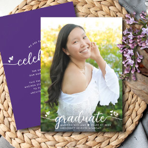 Faire-part Purple Graduation Photo Calligraphie moderne Coeur