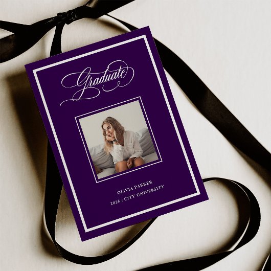 Faire-part Purple Modern Frame Photo and Elegant Script Grad