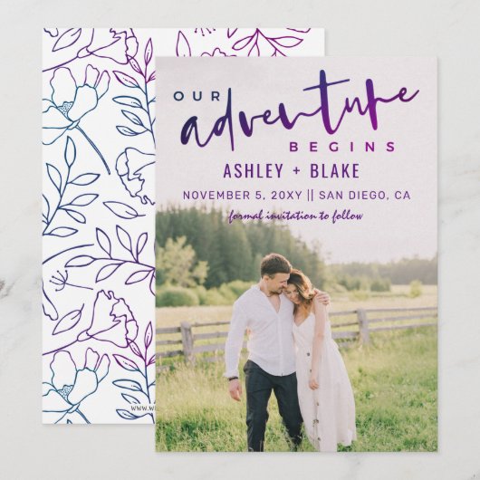 Faire-part Purple Our Adventure Begins Photo Enregistrer la d (Devant / Derrière)