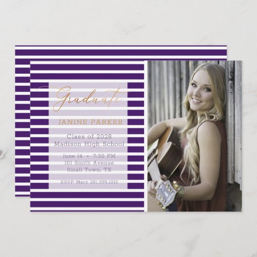 Faire-part Purple Stripe Ajouter Votre Propre Diplôme Photo (Devant / Derrière)
