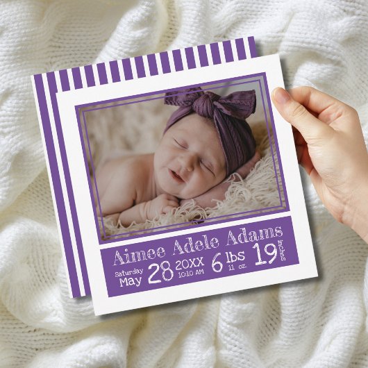 Faire-part Purple Stripes Bébé Photo Birth Stats
