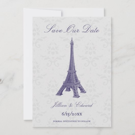 Faire-part Purple Tour Eiffel Damask Enregistrer La Date (Devant)