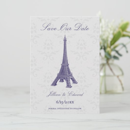 Faire-part Purple Tour Eiffel Damask Enregistrer La Date (Debout devant)