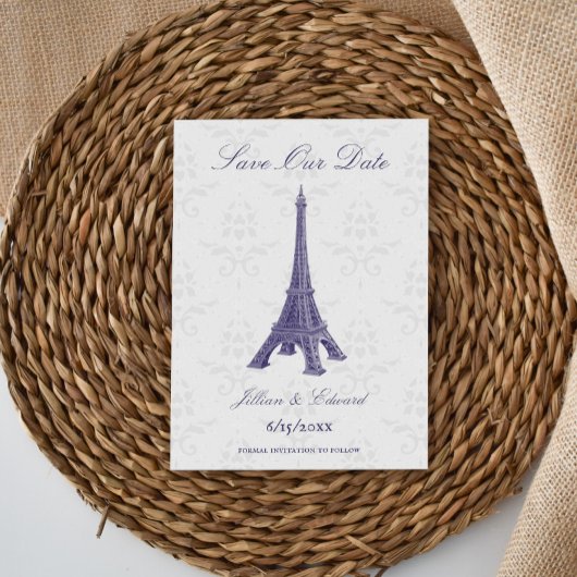 Faire-part Purple Tour Eiffel Damask Enregistrer La Date