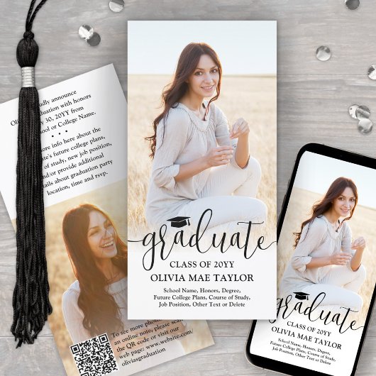Faire-part QR Code & 2 Photos Moderne Black Script Graduation