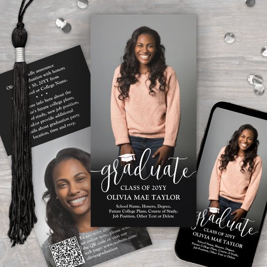 Faire-part QR Code & 2 Photos Moderne White Script Graduation