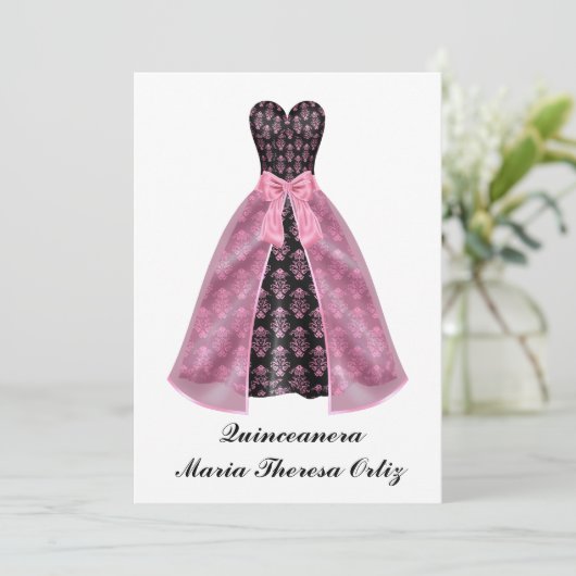 Faire-part Quinceanera Black Damask (Debout devant)