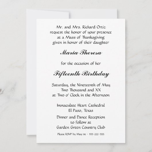 Faire-part Quinceanera Black Damask (Dos)