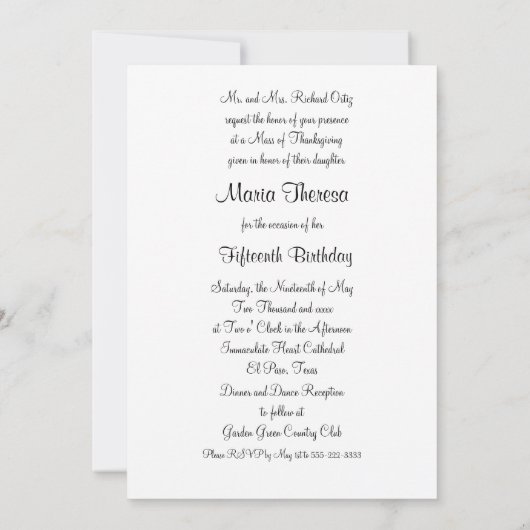 Faire-part Quinceanera Damask rose 15ème parti (Dos)