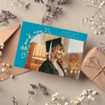 Faire-part Quirky Stars Aqua Blue Grad Photo Thank You<br><div class="desc">Quirky and whimsical graduation announcement photo card featuring a photo on the front and 1 on the back. The text says "thank you" in quirky hand writing with stars and confettis. Add the graduate's name,  information,  and message to personalize this card. Aqua blue.</div>
