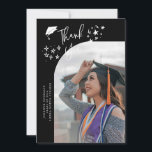 Faire-part Quirky Thank You Stars Black Graduate Photo<br><div class="desc">Quirky and whimsical graduation announcement photo card featuring a curved photo on the front and 1 on the back. The text says "Thank You" with hand drawn stars and a graduation cap. Add the graduate's name,  information,  and message to personalize this card. Black background.</div>