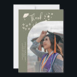 Faire-part Quirky Thank You Stars Sage Green Graduate Photo<br><div class="desc">Quirky and whimsical graduation announcement photo card featuring a curved photo on the front and 1 on the back. The text says "Thank You" with hand drawn stars and a graduation cap. Add the graduate's name,  information,  and message to personalize this card. Sage green background.</div>