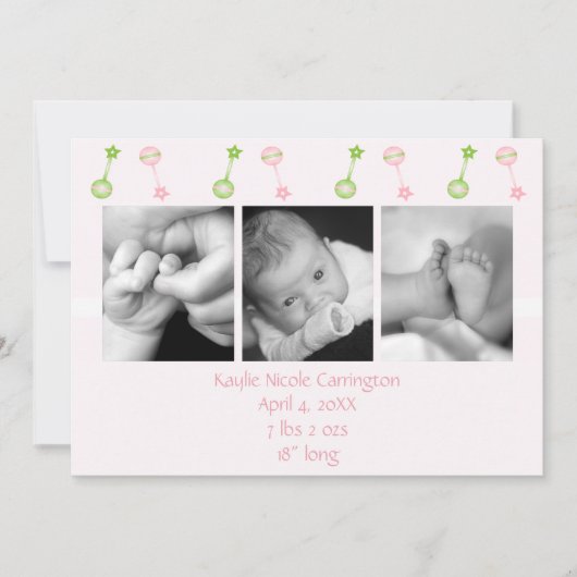 Faire-part Rattle n Roll Annouement de naissance (rose) (Devant)