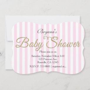 Faire-part rayé rose Baby Shower pailleté or