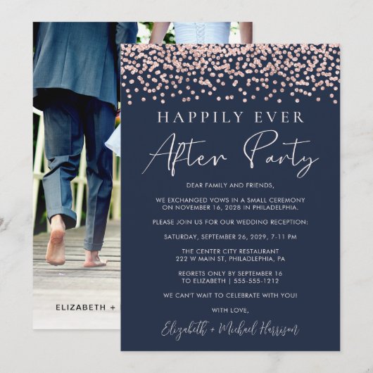 Faire-part Réception de mariage Rose Gold Glitter Photo Bleu (Devant / Derrière)