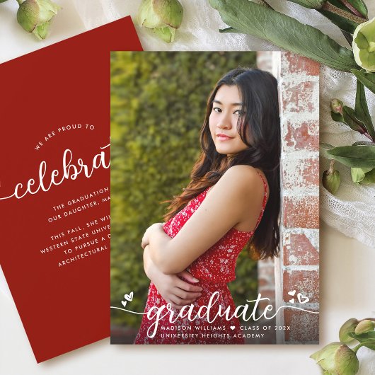 Faire-part Red Graduation Photo Calligraphie Coeurs Moderne