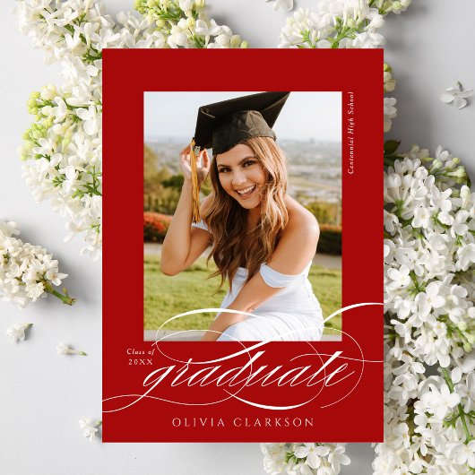 Faire-part Red Modern Elegant Script Photo Graduation