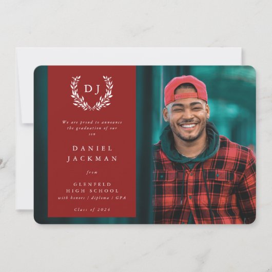 Faire-part Red Monogram Laurel Wreath Graduation Photo (Devant)