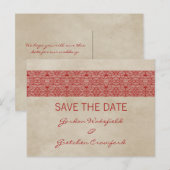 Faire-part Red Rustic Lace Enregistrer la date Carte postale (Devant / Derrière)