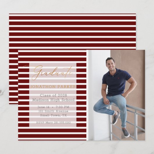Faire-part Red Stripe Ajoutez Votre Propre Diplôme Photo (Devant / Derrière)
