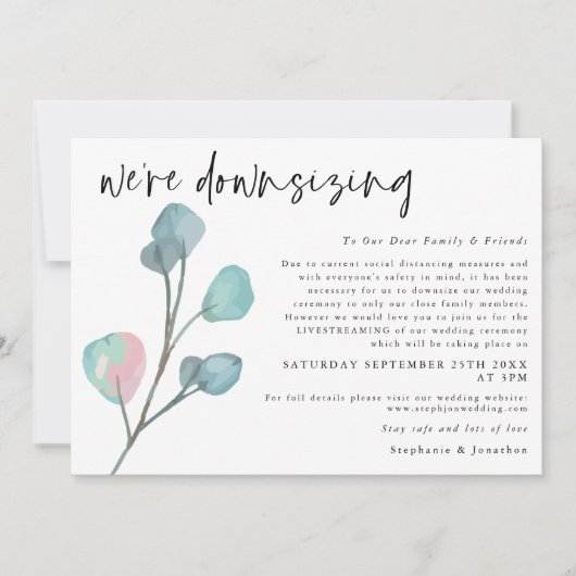 Faire-part Réduction du mariage Script Eucalyptus Moderne (Devant)
